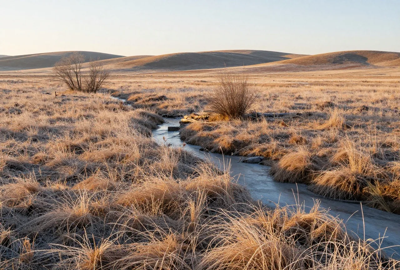 Welliges Präriegras mit Raureif, ein zugefrorener Bach zwischen niedrigen Hügeln und kahlen Bäumen im tiefen Licht eines Wintertags