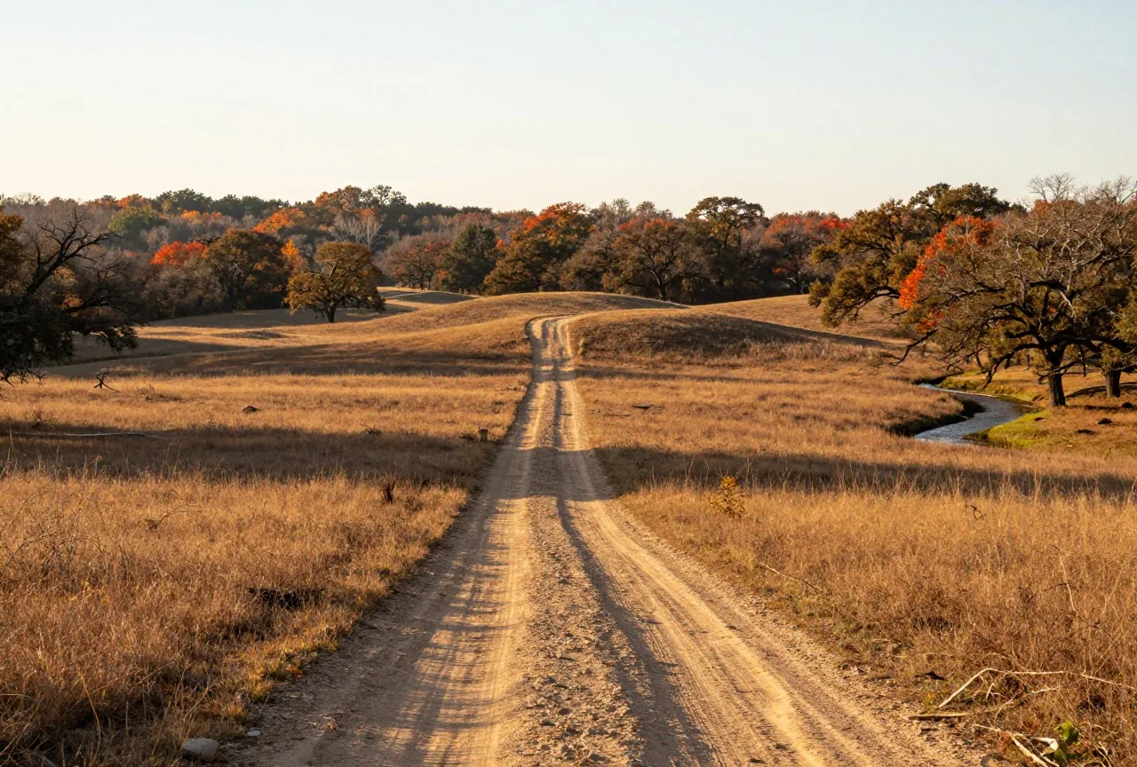 Sanfte Hügel mit Grasland und lichten Eichenwäldern im Herbst, ein Feldweg führt zu einem Bach, Licht der späten Nachmittagssonne