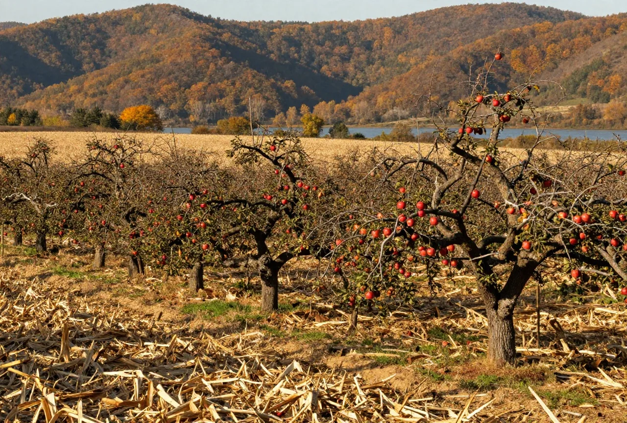 Obstgarten mit alten Apfelbäumen am Rand eines Maisfelds in einem breiten Flusstal, Laubwald auf den Hügeln dahinter, Herbstlicht am Nachmittag