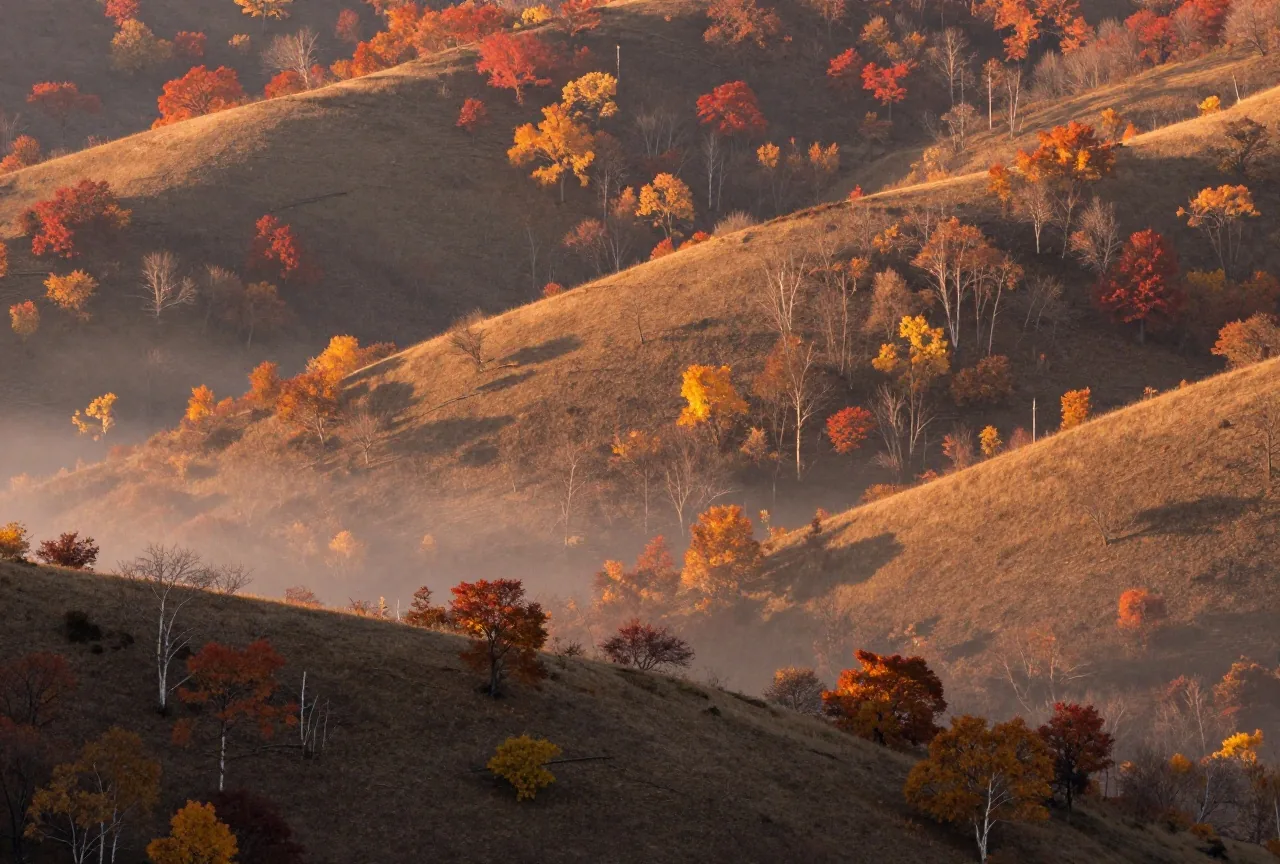Herbstlich gefärbte Waldhänge im Westen des Bundesstaats New York, Nebel liegt im Tal im Licht des späten Nachmittags