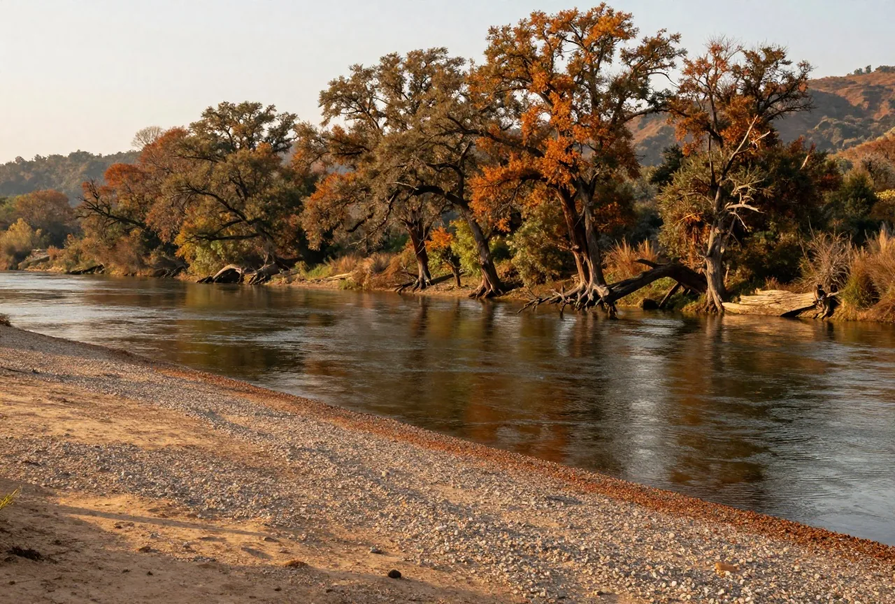 Kiesbank an einem breiten Fluss mit alten Platanen und Eichen in Herbstfarben, ruhiges Wasser im Licht der tiefen Nachmittagssonne