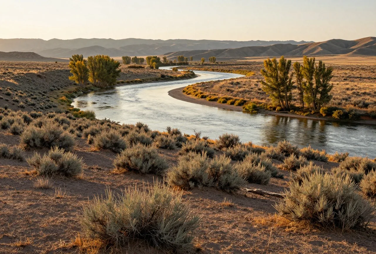 Snake River mit Pappeln am Ufer in der weiten Ebene Süd-Idahos im Licht der tief stehenden Sonne