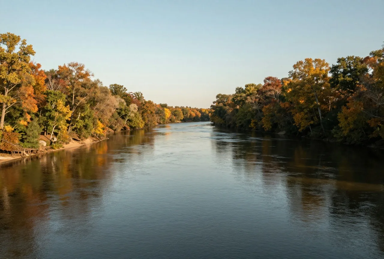Zusammenfluss zweier breiter Flüsse zwischen bewaldeten Steilufern im warmen Licht der späten Nachmittagssonne