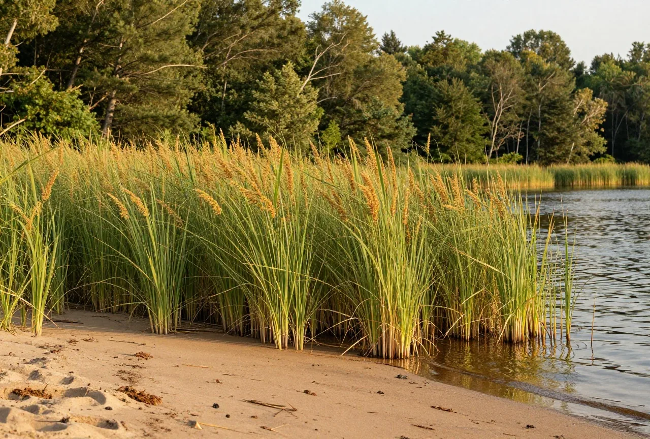 Seeufer mit hohen Wildreishalmen im flachen Wasser, dahinter Laubwald im späten Sommerlicht