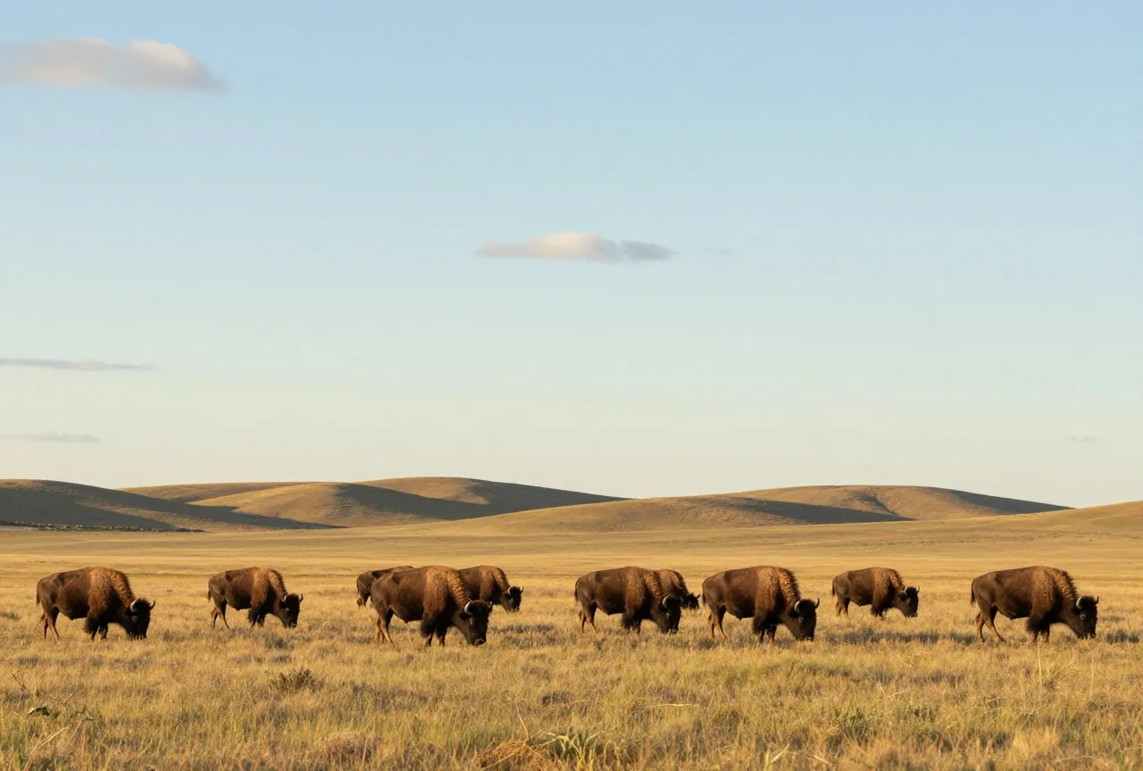 Bisonherde grast auf weitem, leicht gewelltem Grasland unter hohem Himmel im Licht der späten Nachmittagssonne