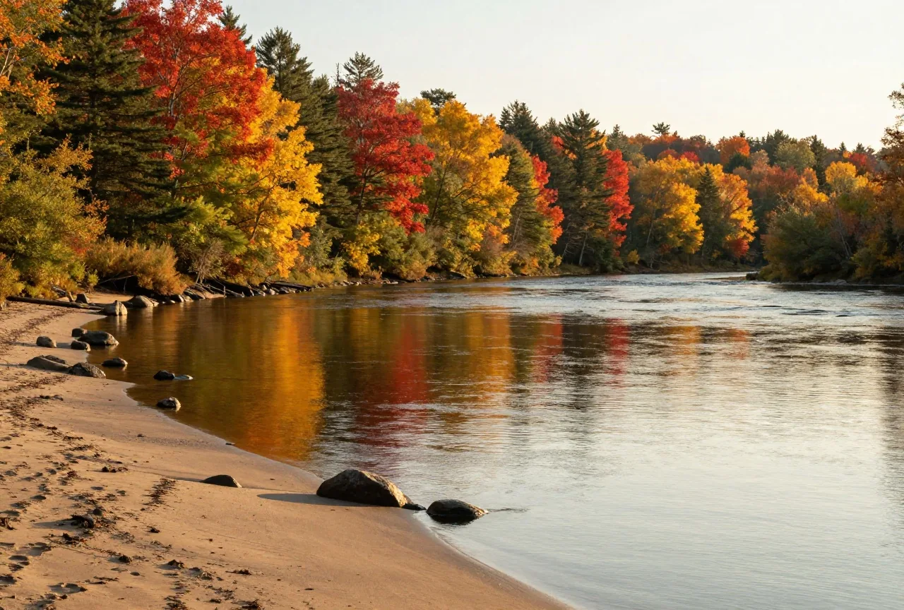 Breiter Fluss mit bewaldeten Ufern im Herbst, rote und gelbe Laubbäume spiegeln sich im ruhigen Wasser, kleine Felsen am Ufer im Licht der tiefstehenden Sonne