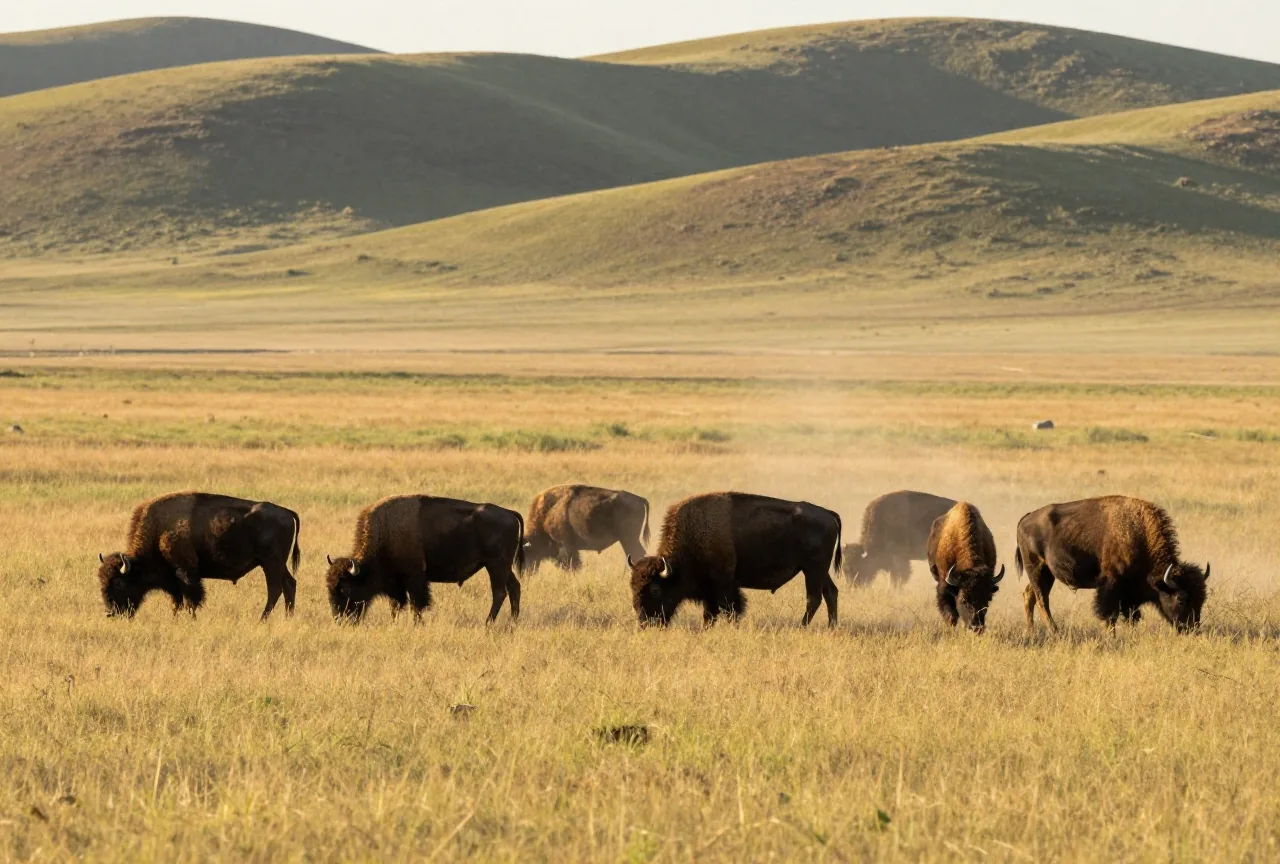 Kleine Bisonherde grast auf einer sommerlichen Prärie mit hohem Gras, dahinter sanfte Hügel im warmen Licht des späten Nachmittags