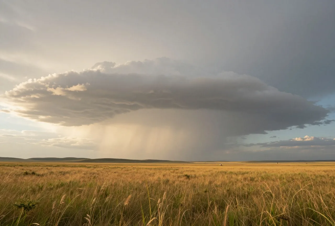 Gewitterwolken türmen sich am Sommerabend über einer weiten Graslandschaft, die Sonne bricht seitlich durch und färbt das Gras golden