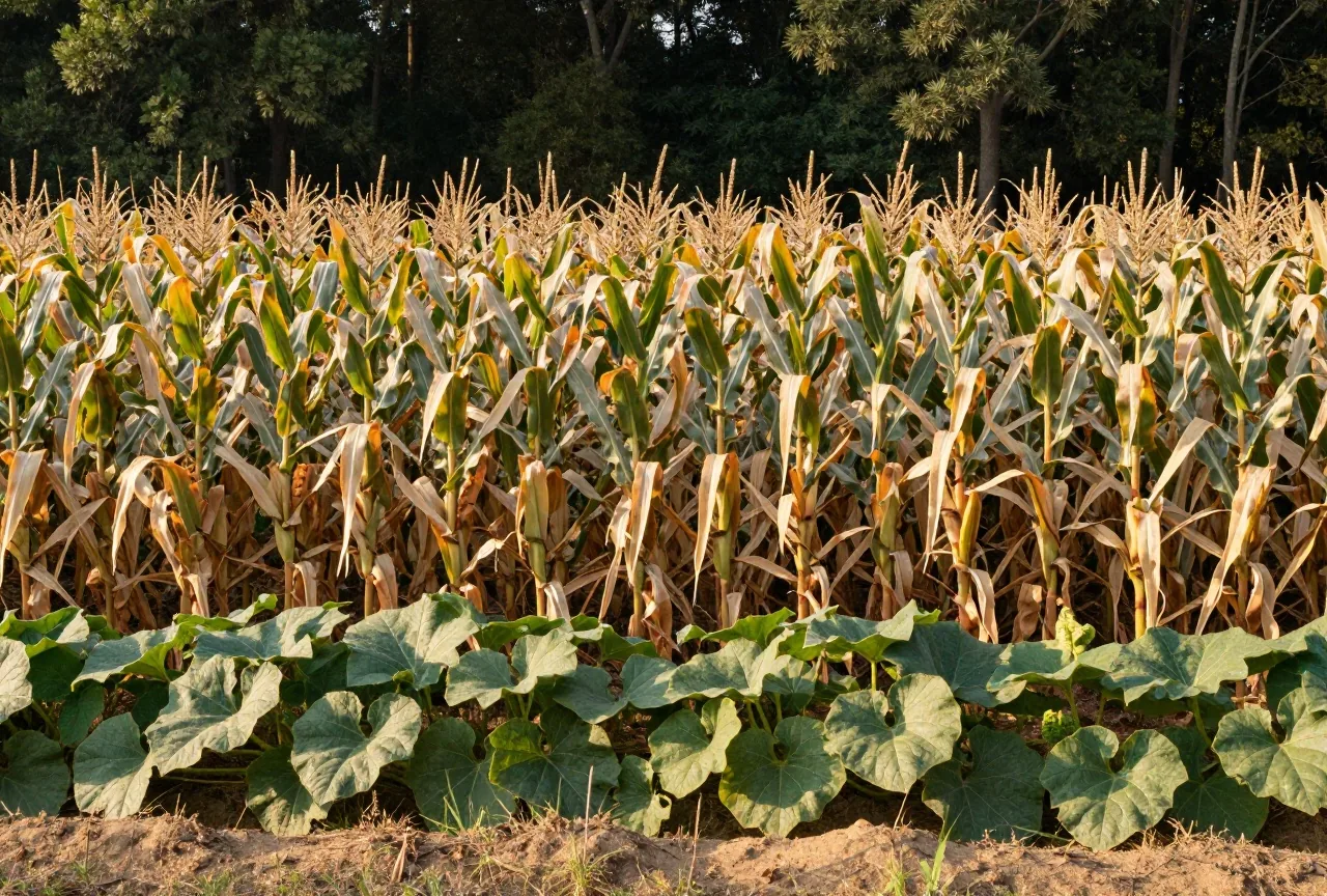 Feld mit Maispflanzen, an denen Bohnenranken emporwachsen, dazwischen breite Kürbisblätter am Rand eines Laubwalds im warmen Licht der späten Nachmittagssonne