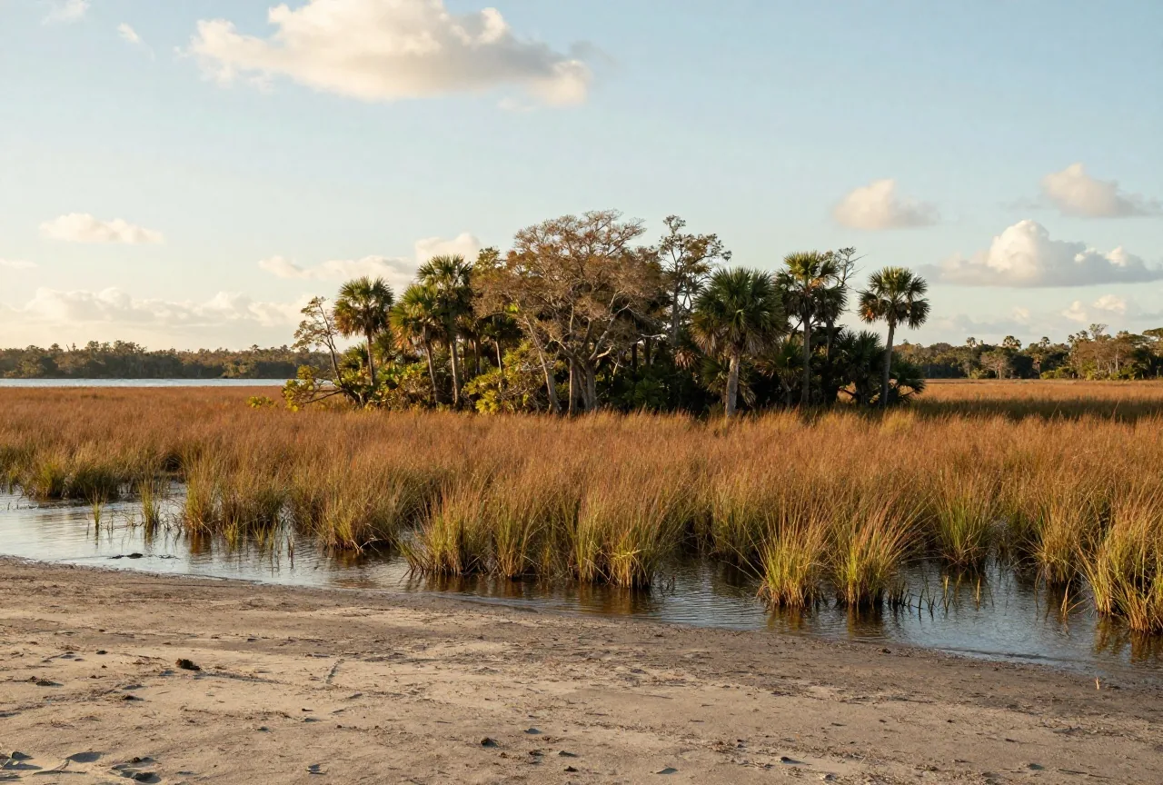 Weite Graslandschaft der Everglades mit Sägegras, Wasserflächen und einer Insel aus Laubbäumen und Palmen unter hohem Himmel im Licht der späten Nachmittagssonne