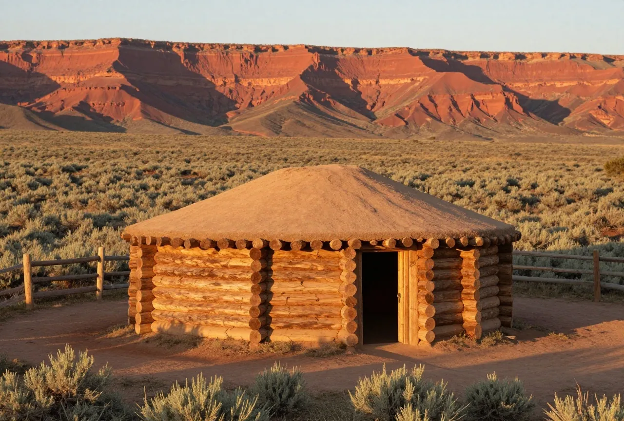 Rundes Haus aus Holzstämmen und Erde mit Eingang nach Osten neben einem Pferch aus Holzpfählen auf einer Hochfläche mit Beifuß im Abendlicht