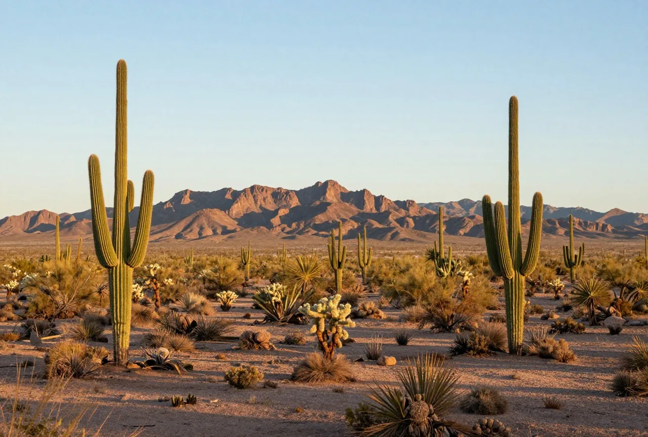 Hohe Saguaro-Kakteen auf einer weiten Wüstenebene vor einer zackigen Bergkette im warmen Licht der späten Nachmittagssonne