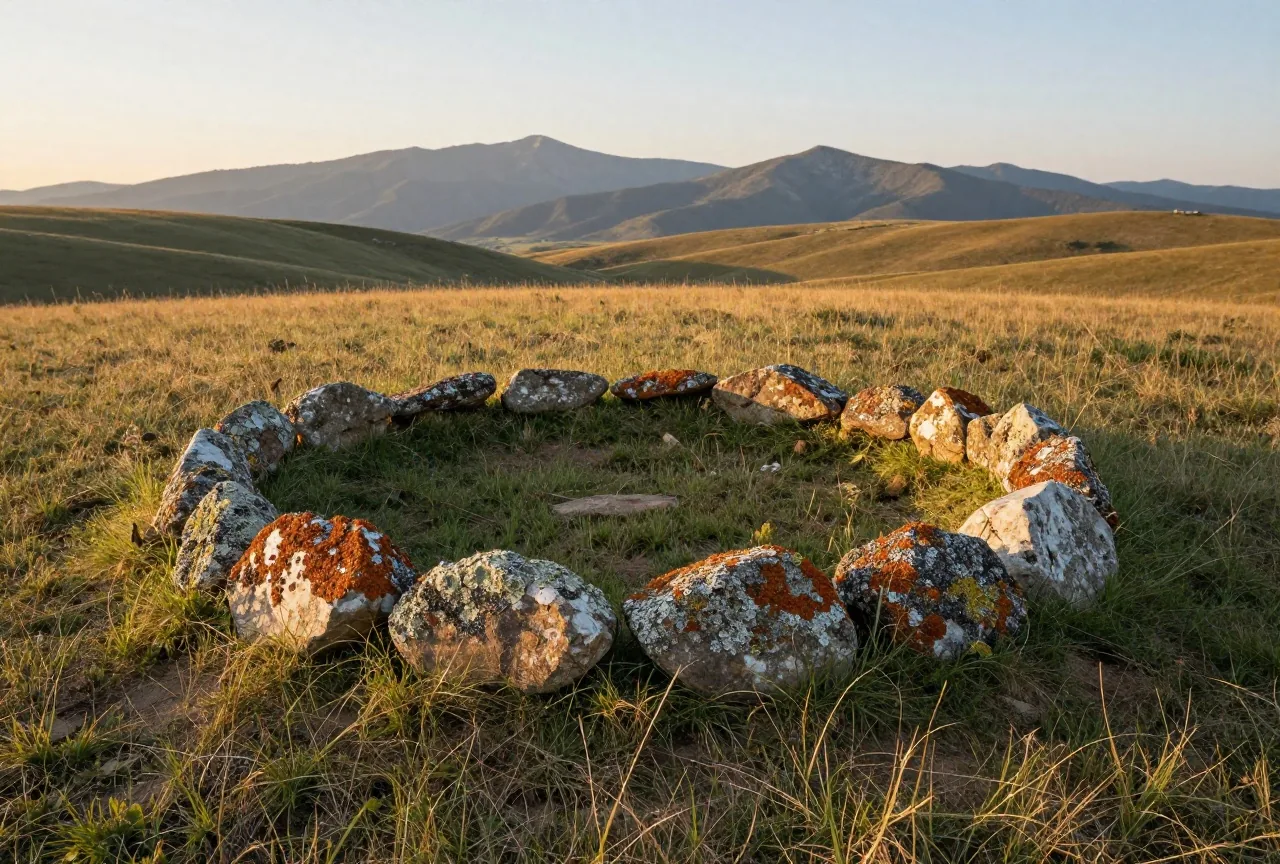 Kreis aus flechtenbewachsenen Feldsteinen im kurzen Gras einer Hügelkuppe, dahinter weite Prärie und ferne Berge im goldenen Abendlicht