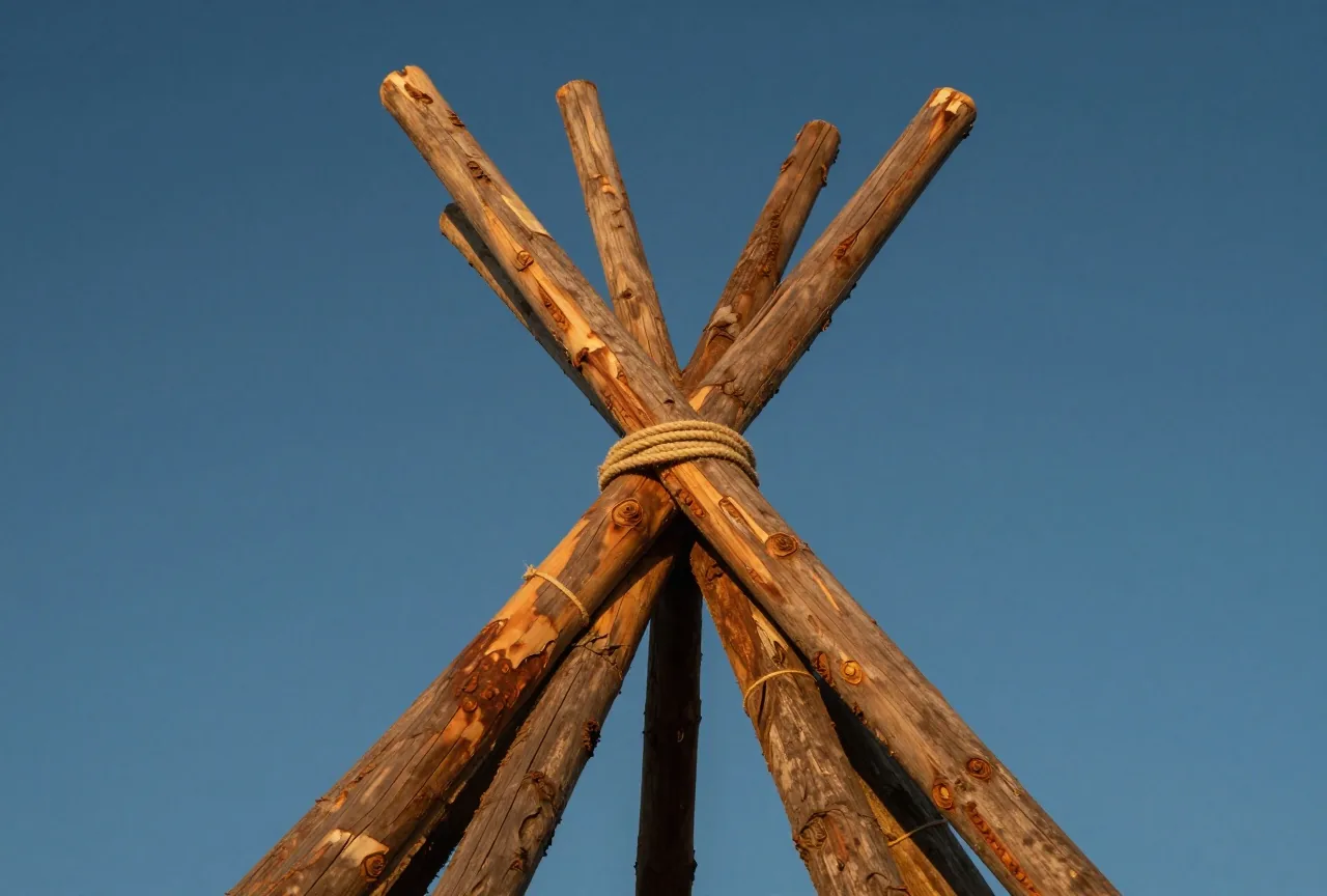 Mehrere geschälte Kiefernstangen, oben mit einem Lederriemen zusammengebunden und nach unten auseinanderfächernd, vor tiefblauem Himmel