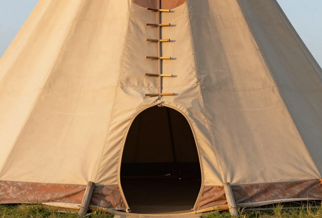 Vorderseite eines schlichten, unbemalten Tipis aus Segeltuch mit einer senkrechten Reihe hölzerner Stifte über einer ovalen Türöffnung, seitliches Abendlicht auf Gras und Stangen