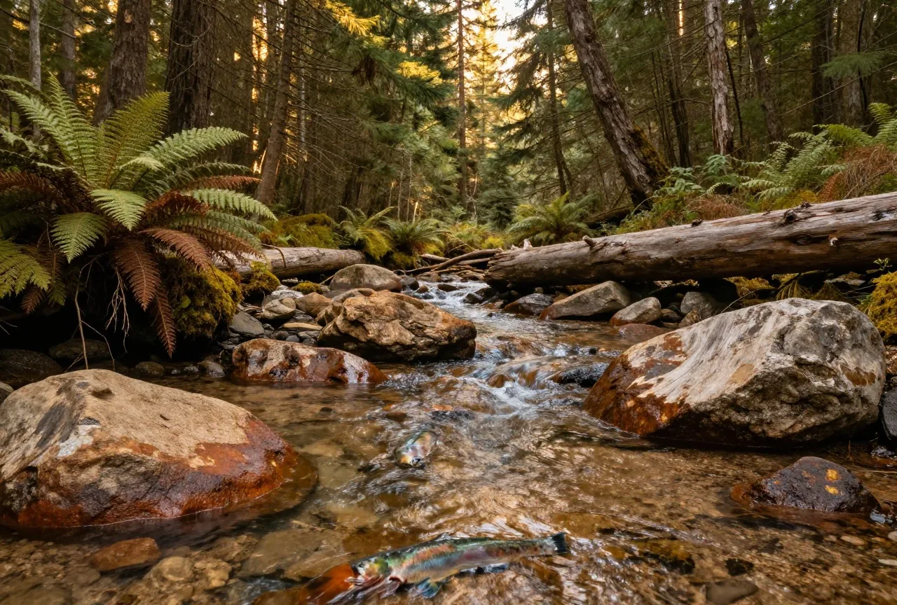 Lachse ziehen durch einen flachen, steinigen Fluss im Küstenregenwald, am Ufer Farne und moosbedeckte Stämme im späten Nachmittagslicht
