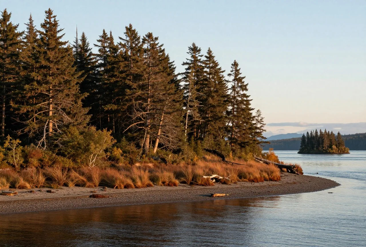 Grasbewachsene Landzunge an einer Flussmündung, dahinter ein Wald aus Sitka-Fichten und Hemlocktannen und Inseln im Meer unter klarem Abendhimmel