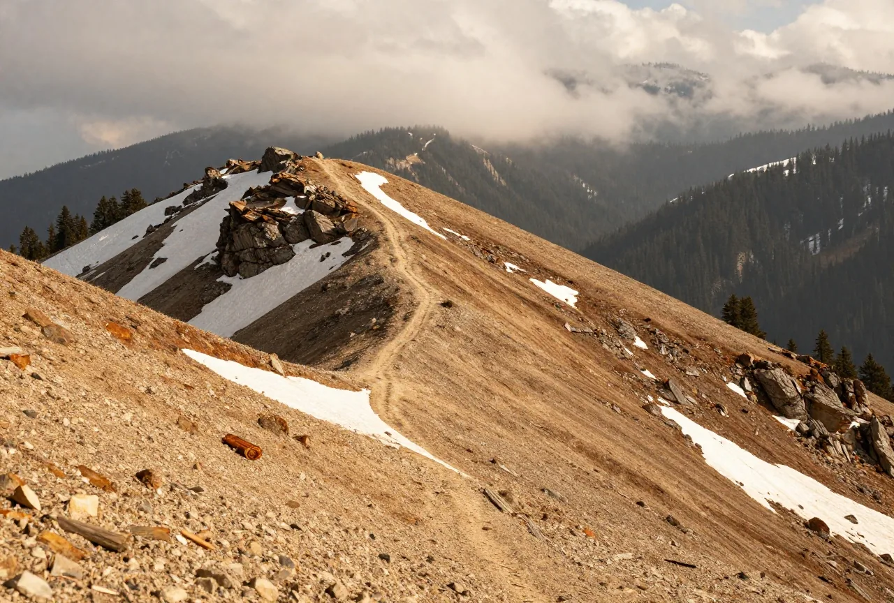 Bergpass mit Geröllhängen und Schneefeldern über einem Tal mit Fichtenwald, Wolken ziehen über den Grat im Abendlicht