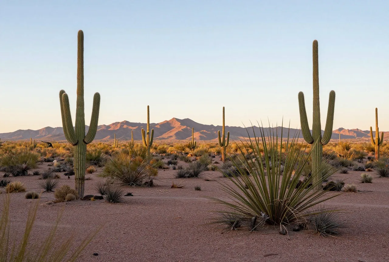 Ocotillo-Sträucher und Saguaro-Kakteen in einer weiten, leeren Wüstenlandschaft im weichen Nachmittagslicht