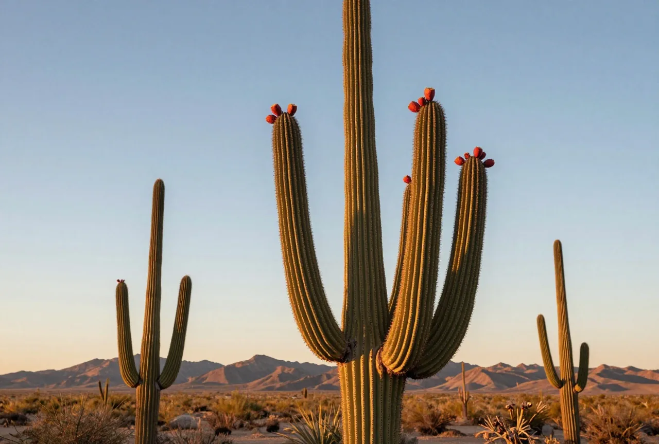 Reife rote Früchte auf den Spitzen hoher Saguaro-Kakteen vor einem klaren Abendhimmel über der Sonora-Wüste