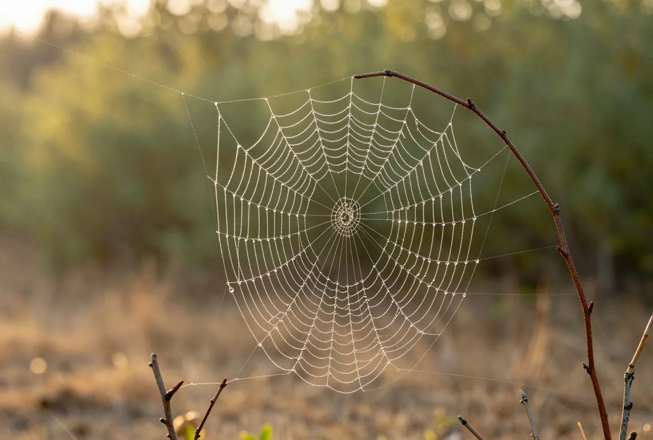 Spinnennetz voller Tautropfen zwischen dünnen Zweigen am Waldrand, von der tief stehenden Sonne von hinten beleuchtet