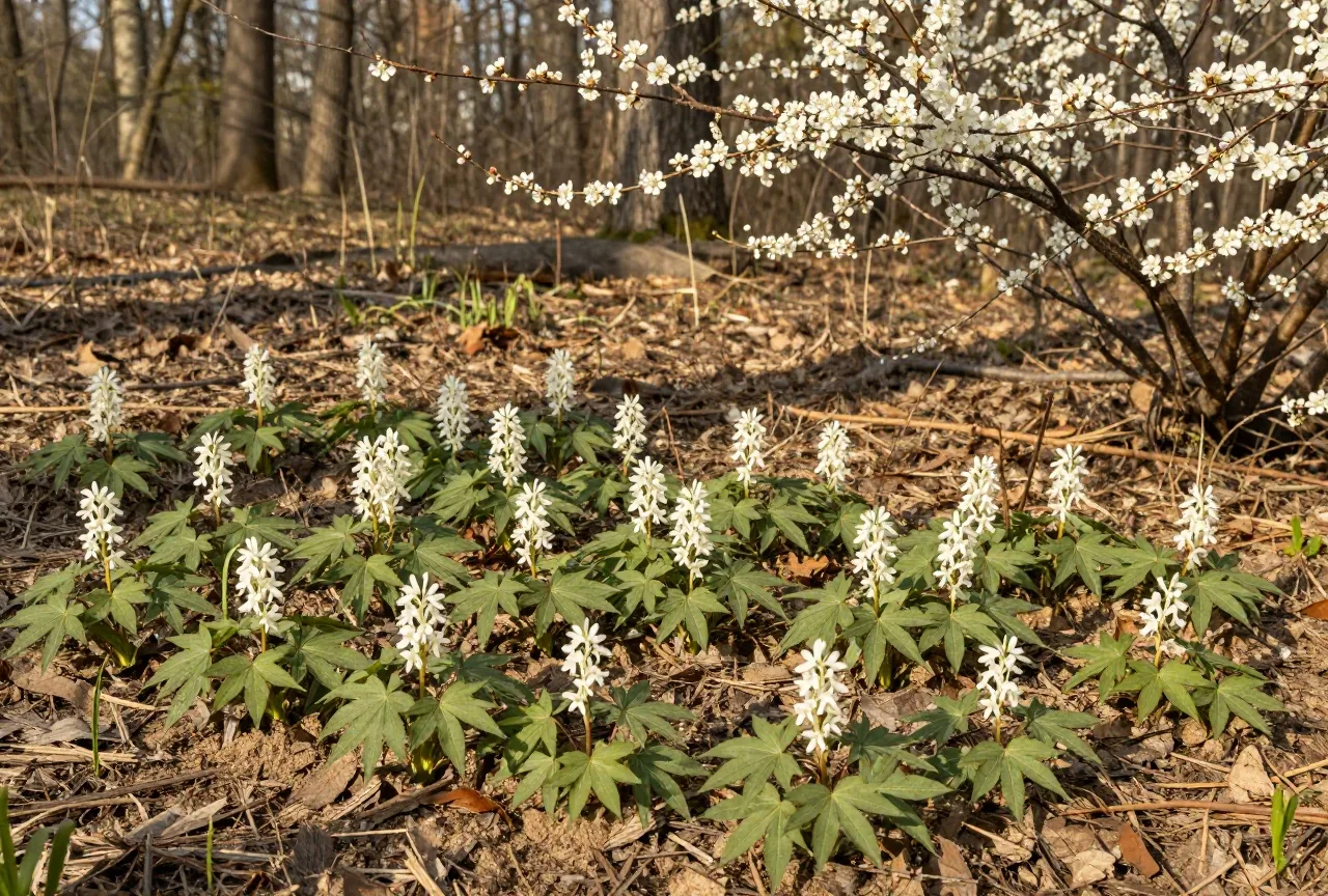 Weiße Blüten der Blutwurz zwischen jungen Blättern auf dem Waldboden, daneben ein blühender Wildpflaumenzweig im milden Licht eines Frühlingsnachmittags