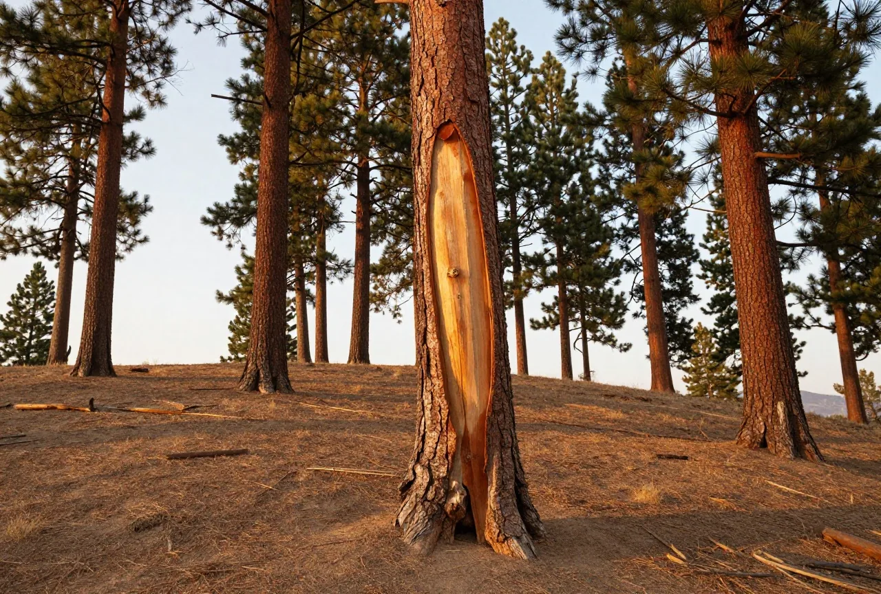 Hoher Ponderosa-Kiefernwald auf einem Bergrücken, am Stamm eines alten Baumes eine lange, verheilte Narbe in der Rinde, warmes Licht der späten Nachmittagssonne