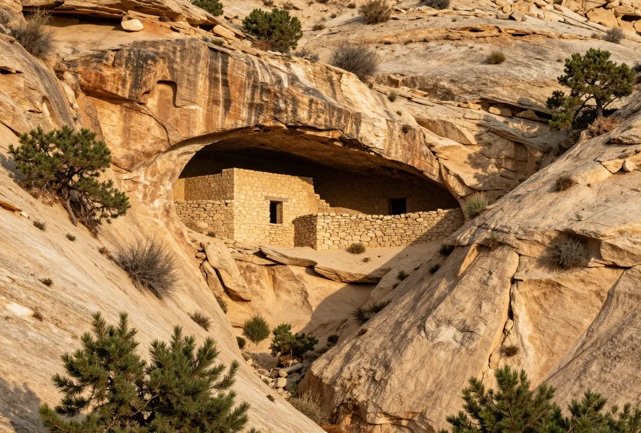 Tiefer Canyon aus hellem Sandstein mit Wacholder und Pinyon-Kiefern an den Hängen, in einer Felsnische unter einem Überhang die Mauerreste alter Steinhäuser, warmes Nachmittagslicht