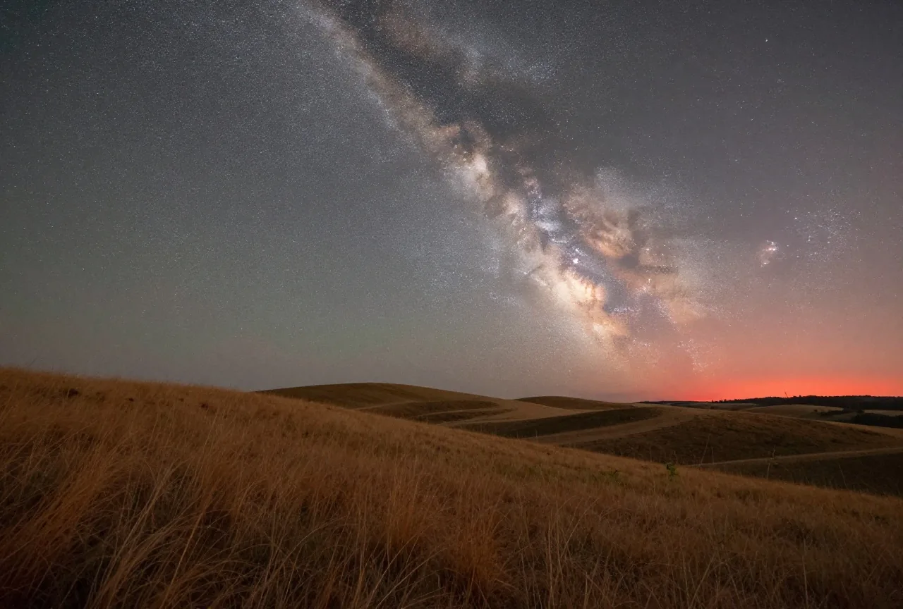 Sternenhimmel mit der Milchstraße über einer dunklen, hügeligen Graslandschaft, am Horizont ein letzter Rest Abendrot
