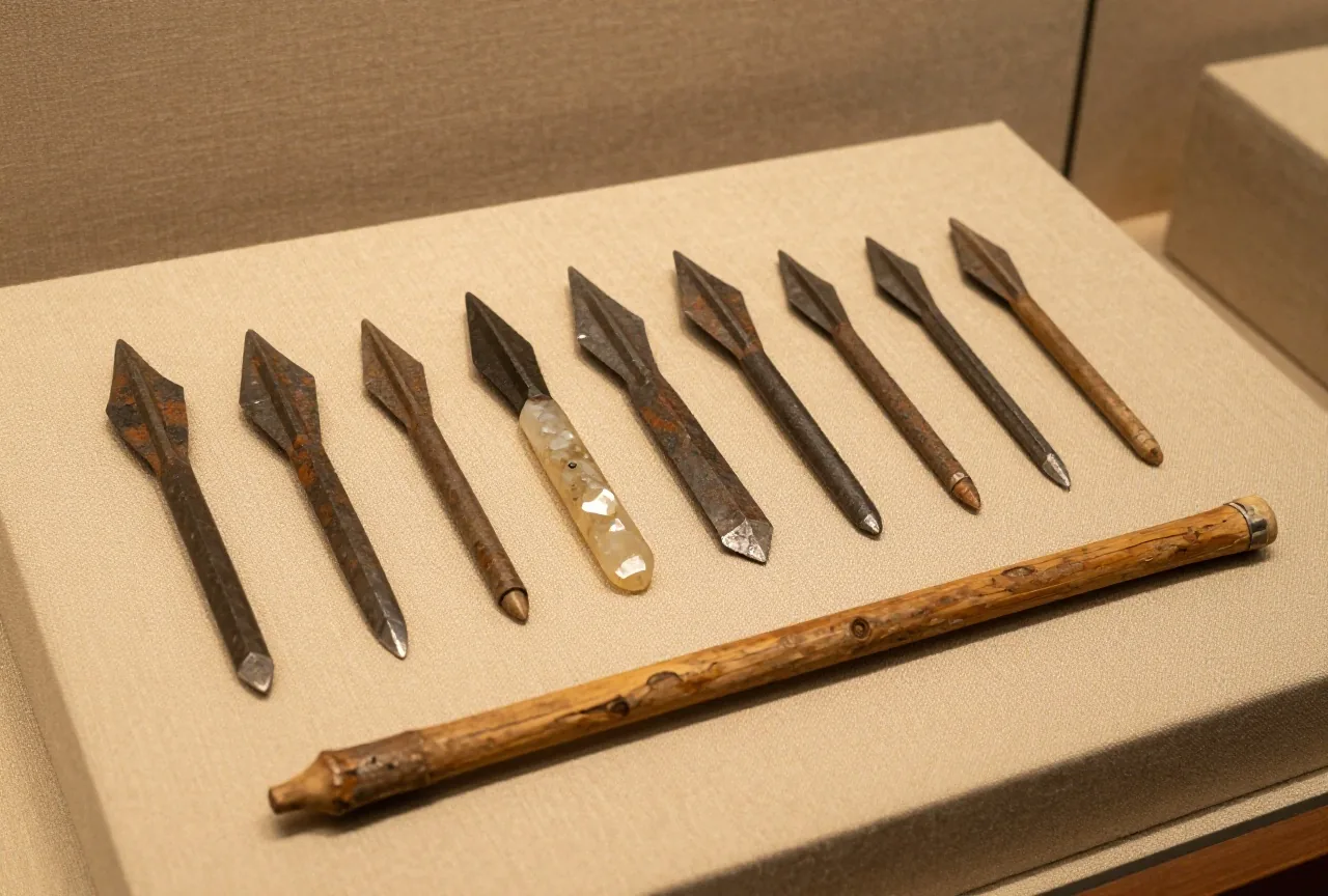 Pfeilspitzen aus Feuerstein, Obsidian und Eisen liegen in einer Reihe auf grobem Leinen, daneben ein Pfeilschaft, seitlich ausgerichtet, im warmen Licht einer Museumsvitrine