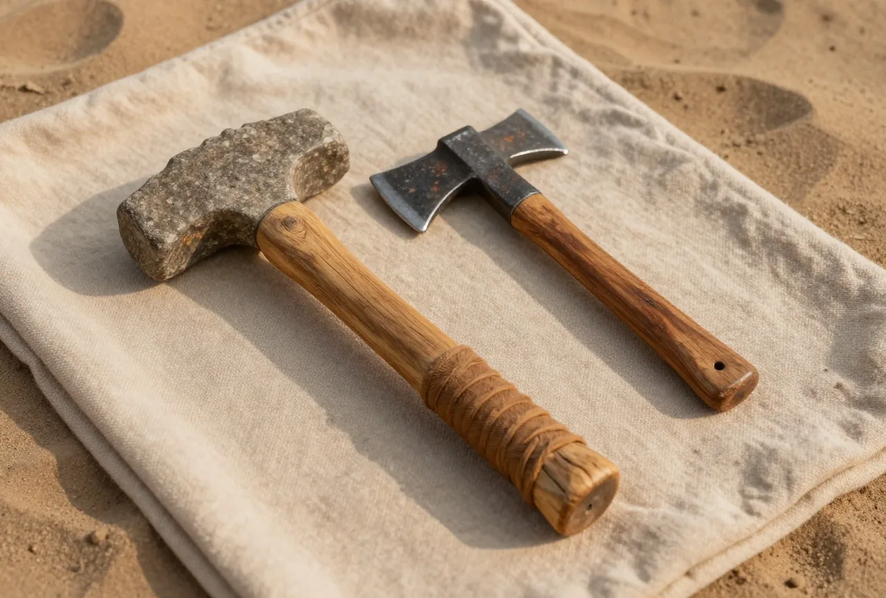 Schlichte Steinkeule mit langem, rohhautbezogenem Holzstiel und ein Beil mit Eisenkopf liegen nebeneinander auf einer Decke aus Wolle, seitlich ausgerichtet, im weichen Nachmittagslicht