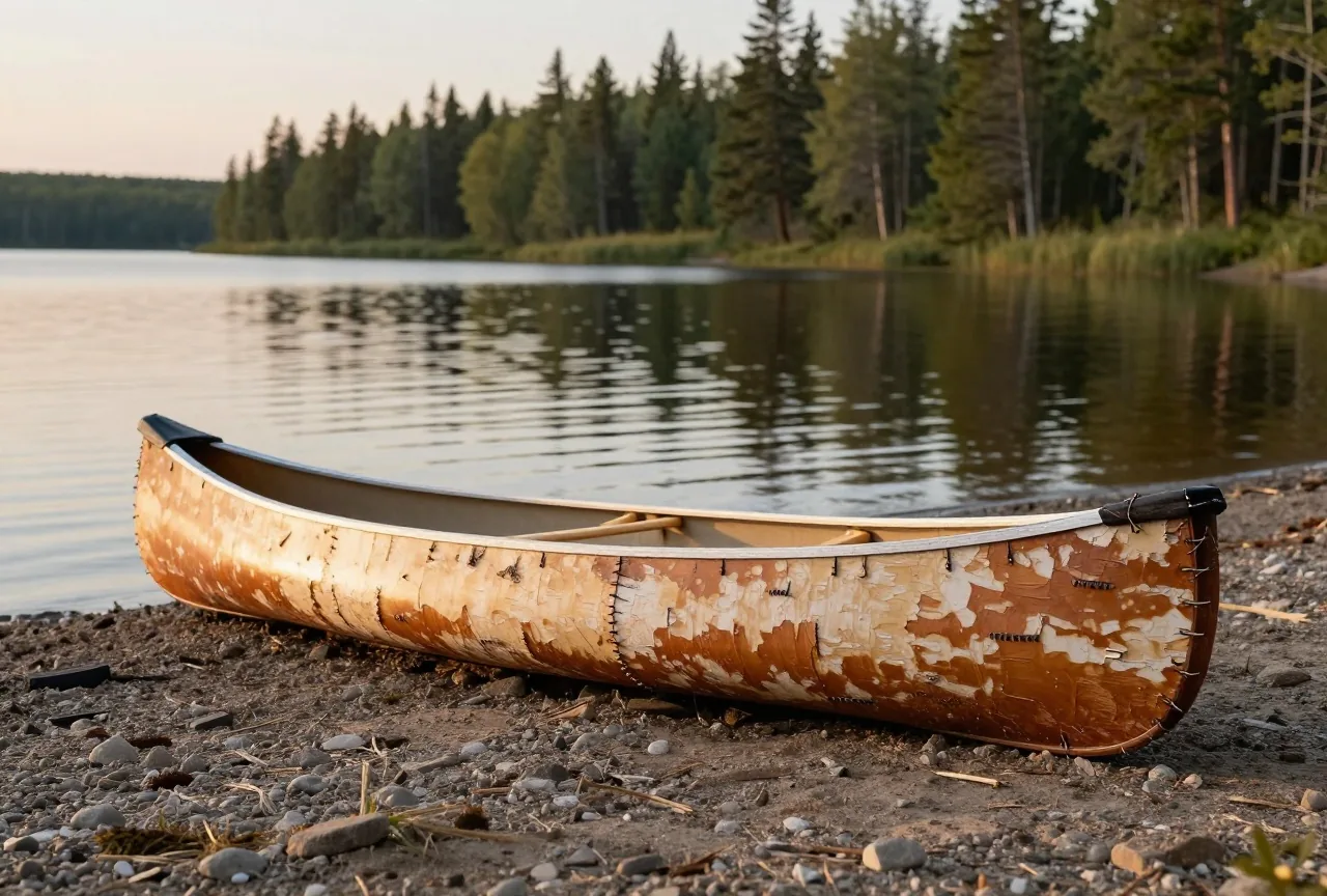 Birkenrindenkanu mit hellen Spanten aus Zedernholz liegt auf einem Kiesstrand an einem stillen nördlichen See, dahinter Fichtenwald im warmen Abendlicht