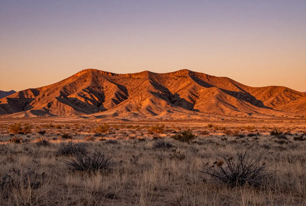Niedrige Bergkette über einer flachen Dornbusch-Ebene in der Wüste von Sonora im Abendlicht