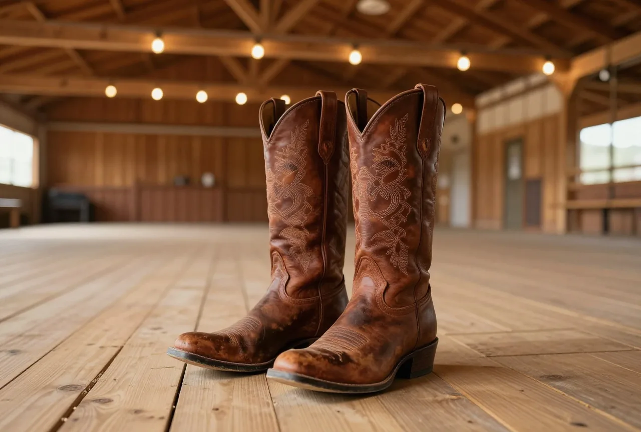 Ein Paar abgetragener Westernstiefel aus braunem Leder auf dem glänzenden Holzboden einer Scheunenhalle, darüber warme Lichterketten, ohne Menschen