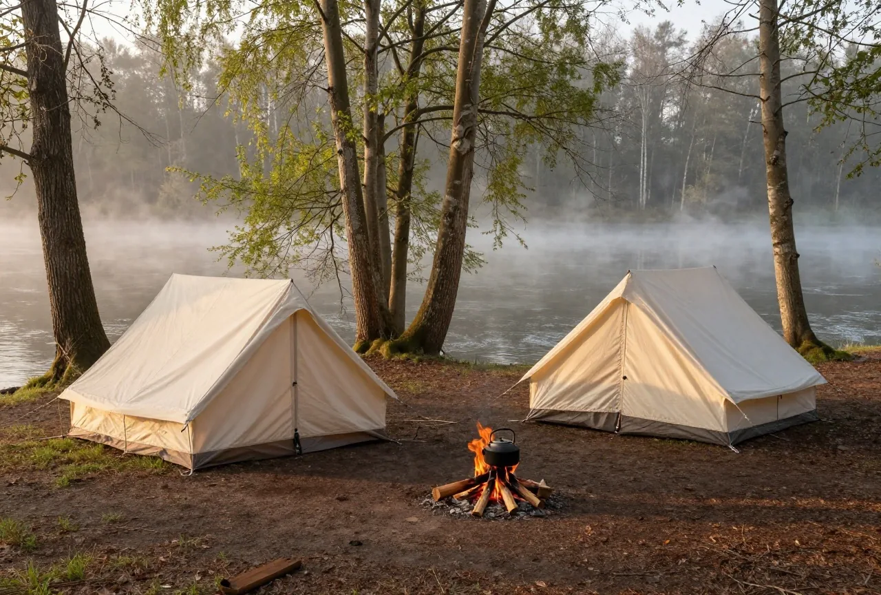 Zwei helle Leinenzelte und ein Lagerfeuer mit eisernem Kessel an einem bewaldeten Flussufer in Deutschland im Morgendunst, ohne Menschen