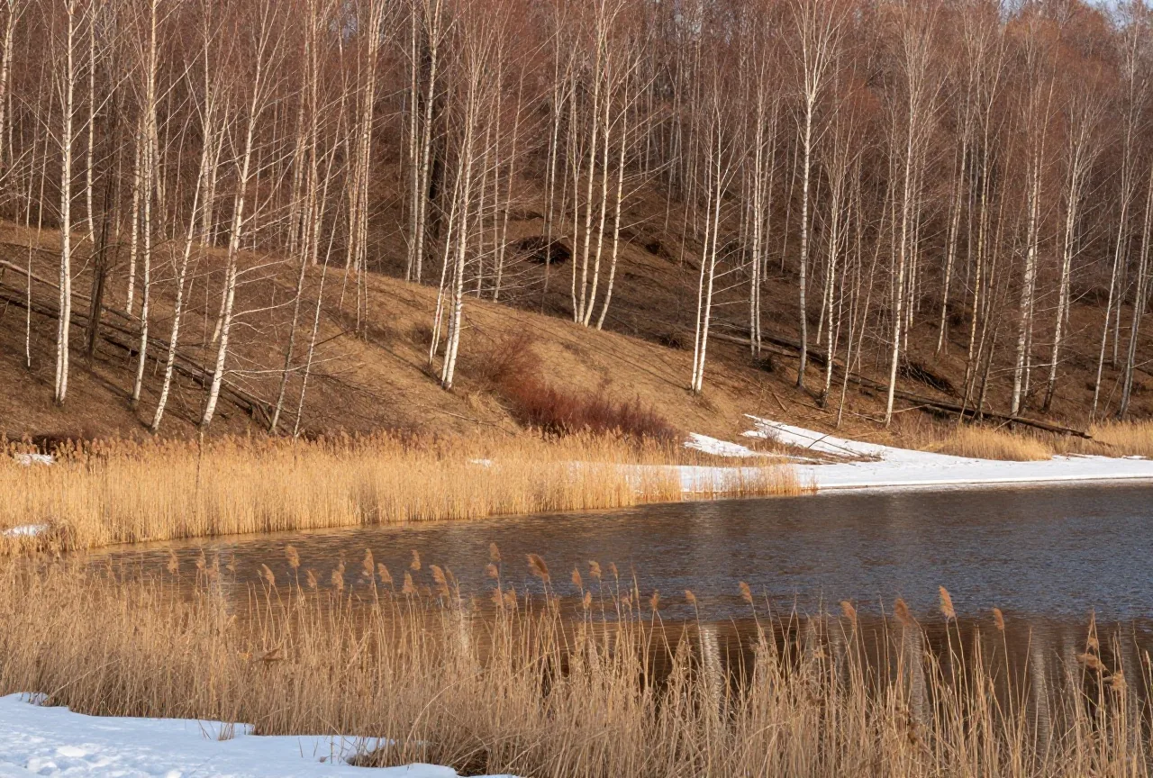Bewaldete Hügel mit Birken und Espen an einem stillen See im Spätwinter, Schneereste und Schilf am Ufer