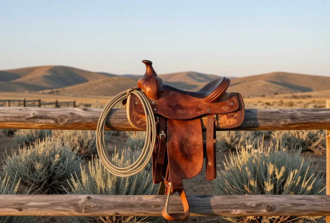 Westernsattel mit aufgerolltem Lasso auf dem obersten Balken eines Holzgatters an einem Pferch, dahinter Beifußsträucher und flache Hügel im Abendlicht