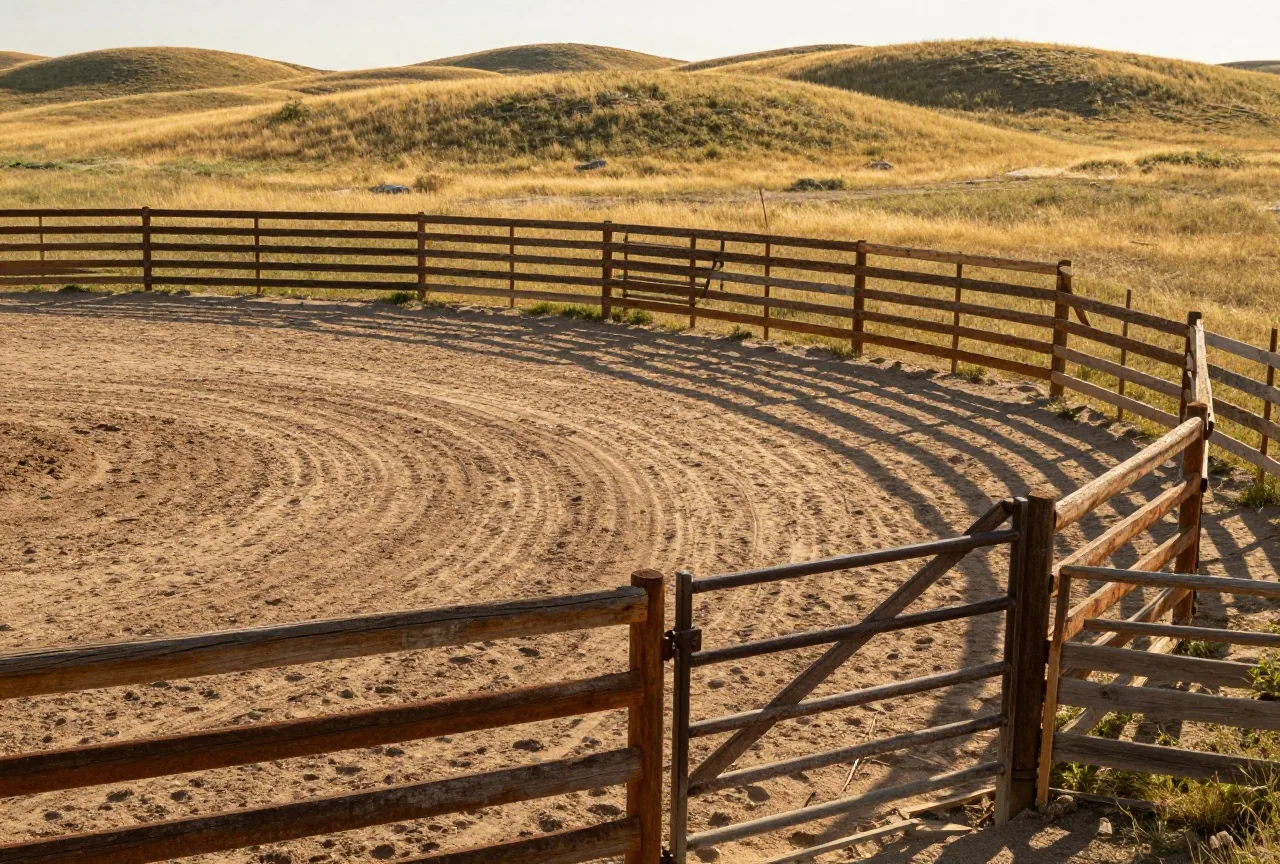 Leere Rodeo-Arena auf der Hochebene mit geschwungenem Bretterzaun um geharkten Sand und einem Holztor, dahinter grasbewachsene Hügel im langen Abendlicht