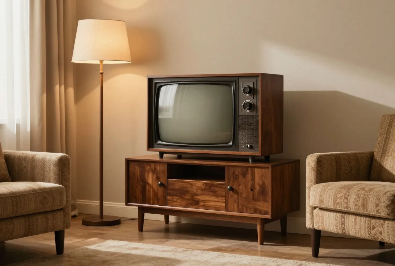 Dunkler Röhrenfernseher mit Holzgehäuse auf einer Anrichte in einem Wohnzimmer der 1960er Jahre, daneben eine Stehlampe, warmes Abendlicht