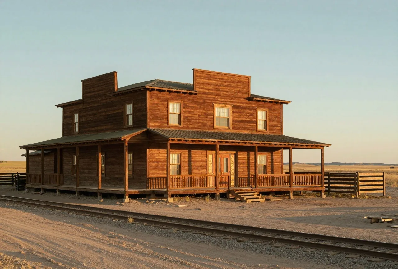Dreistöckiges Hotel aus Holz mit breiter Veranda an einer staubigen Straße, daneben ein Bahngleis und hölzerne Viehpferche in der Prärie, warmes Abendlicht