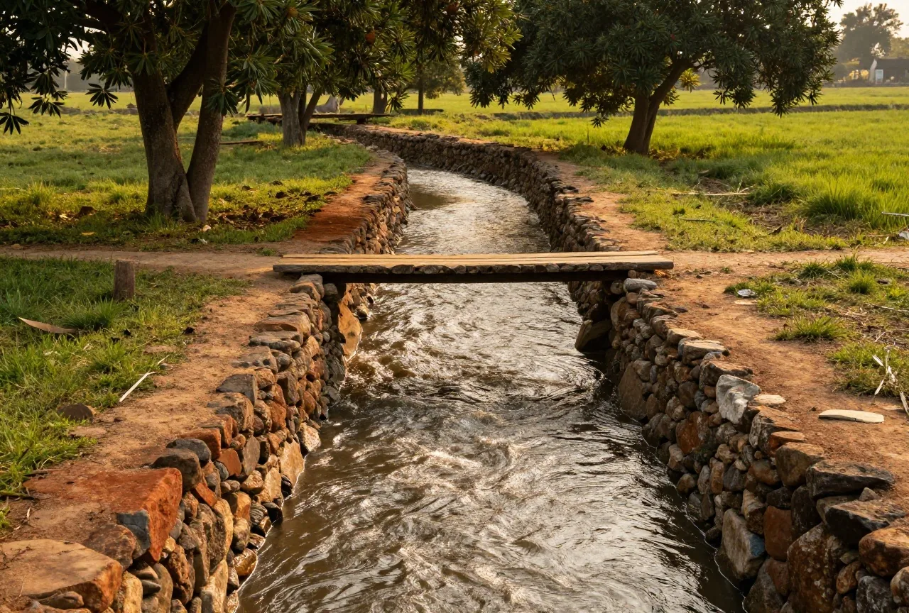 Mit Kalksteinen gefasster Bewässerungsgraben zwischen grünen Feldern und Pekannussbäumen, Wasser glänzt im späten Sonnenlicht