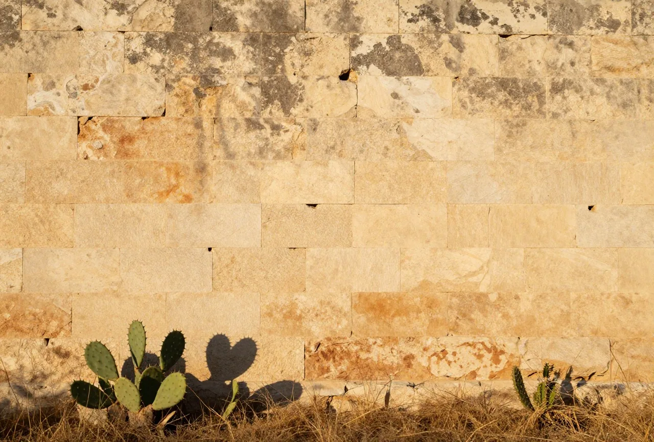 Mauer aus grob behauenem Kalkstein im Licht der späten Nachmittagssonne, am Fuß Gras und Feigenkakteen