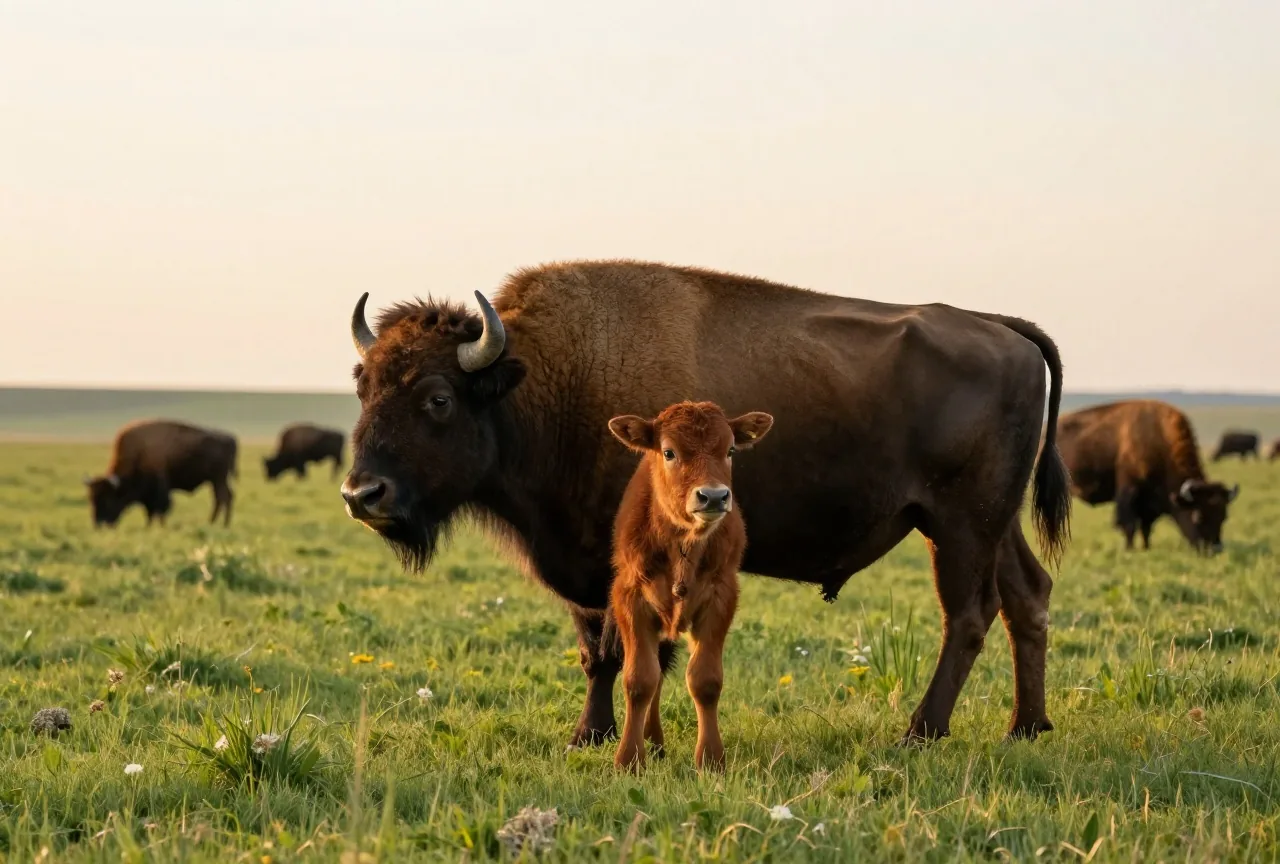 Bisonkuh mit einem rötlich braunen Kalb im frischen Frühlingsgras einer Prärie, im Hintergrund weitere Bisons im weichen Abendlicht