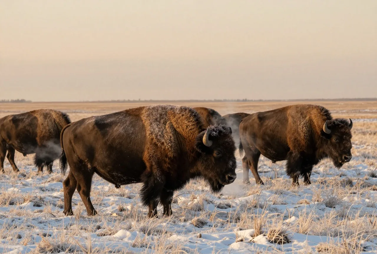 Bisons stehen in einer verschneiten Graslandschaft, Atemwolken in kalter Luft, Raureif auf dem dichten braunen Fell, gedämpftes Winterlicht