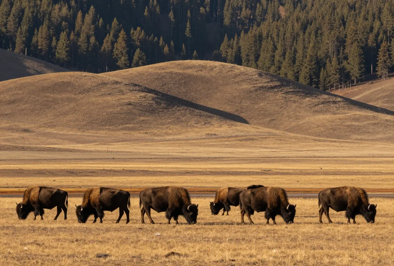 Kleine Herde Bisons grast auf einer offenen Grasprärie, dahinter sanfte Hügel mit dunklen Kiefernwäldern im warmen Licht der späten Nachmittagssonne