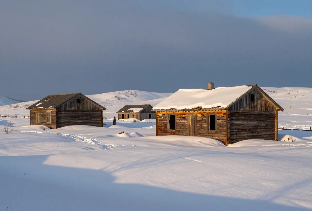 Verlassene Holzhäuser unter tiefem Schnee in einer weißen Hügellandschaft, dahinter dunkle Wolken über der Hochebene