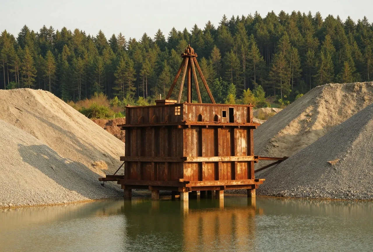 Hölzerner Schwimmbagger mit hohem Aufbau aus Brettern in einem Teich zwischen Kieshalden, dahinter bewaldete Hügel im Abendlicht