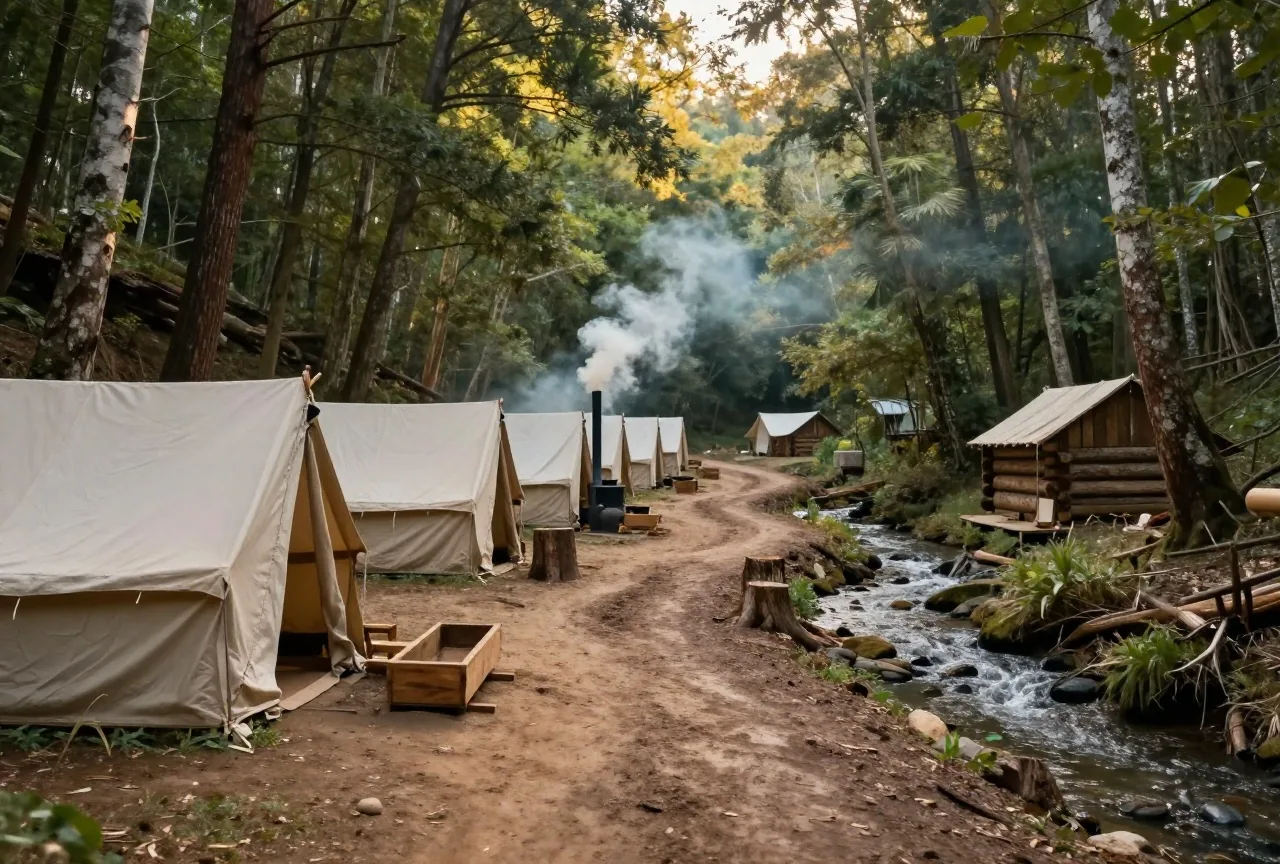 Zeltlager und einfache Blockhütten entlang eines schlammigen Wegs in einer engen, bewaldeten Schlucht, Baumstümpfe am Hang, Rauch aus einem Ofenrohr, Licht der späten Nachmittagssonne