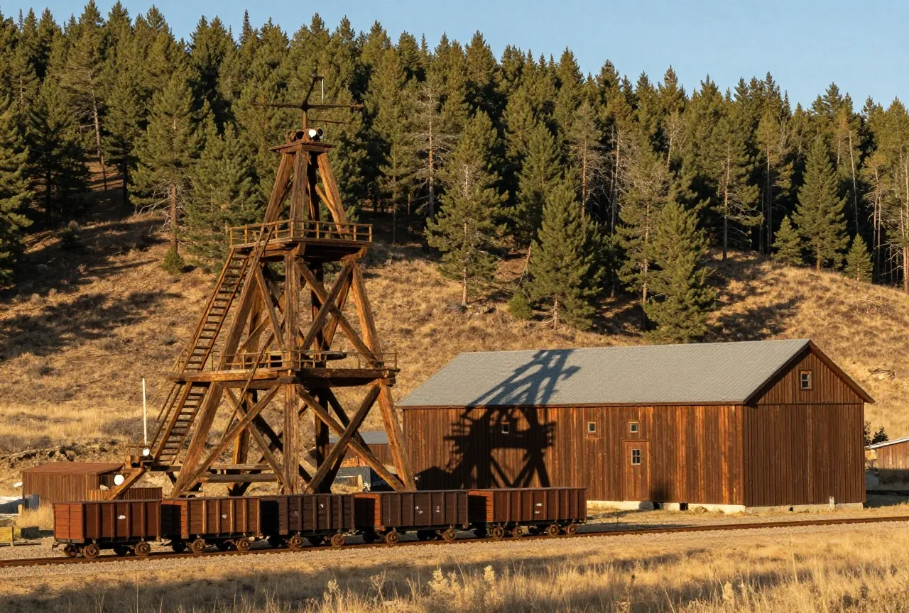 Hölzerner Förderturm und ein langes Mühlengebäude aus Holz an einem Kiefernhang in den Black Hills, davor Erzwagen auf schmalen Schienen im Licht der späten Nachmittagssonne