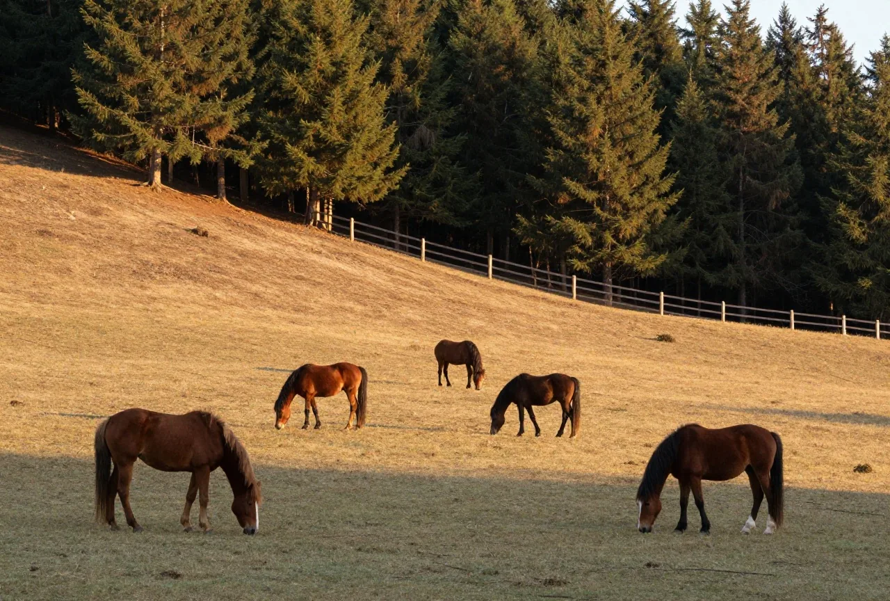 Mehrere Pferde grasen auf einer Weide am Waldrand in hügeliger Mittelgebirgslandschaft, Abendlicht